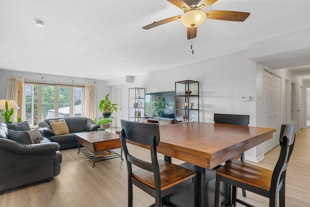 dining room featuring ceiling fan and light hardwood / wood-style flooring