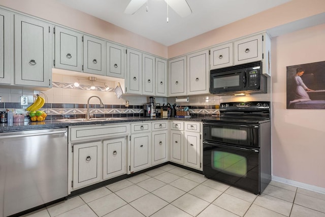 kitchen with ceiling fan, sink, backsplash, light tile patterned floors, and black appliances