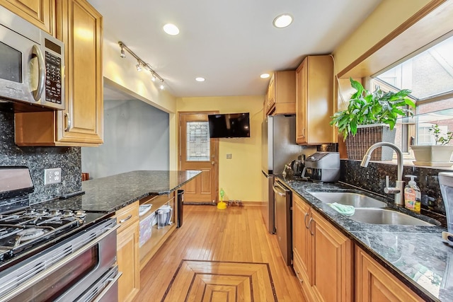 kitchen featuring track lighting, tasteful backsplash, stainless steel appliances, sink, and dark stone countertops