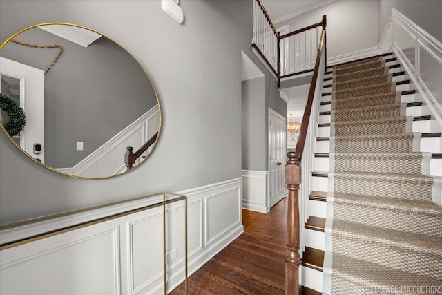 stairs with hardwood / wood-style flooring and ornamental molding