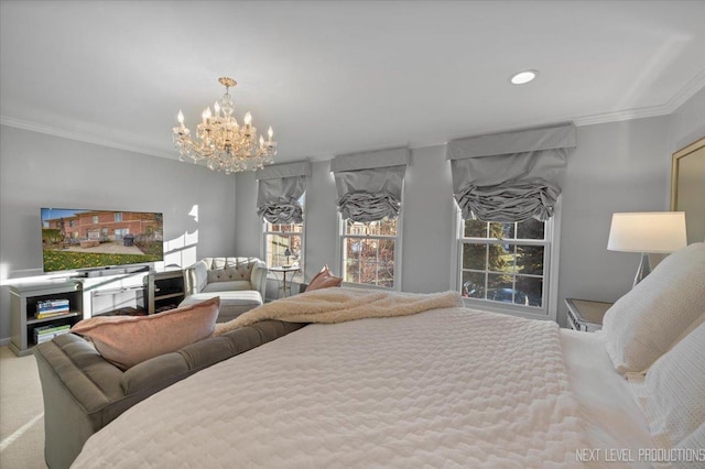 carpeted bedroom with an inviting chandelier and crown molding