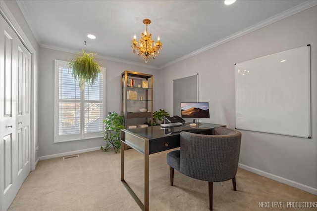 office area with a chandelier, ornamental molding, and light carpet