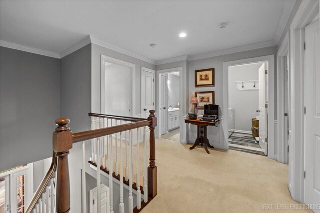 bedroom with ceiling fan, crown molding, and light colored carpet