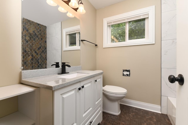 full bathroom with vanity, toilet, and bathing tub / shower combination