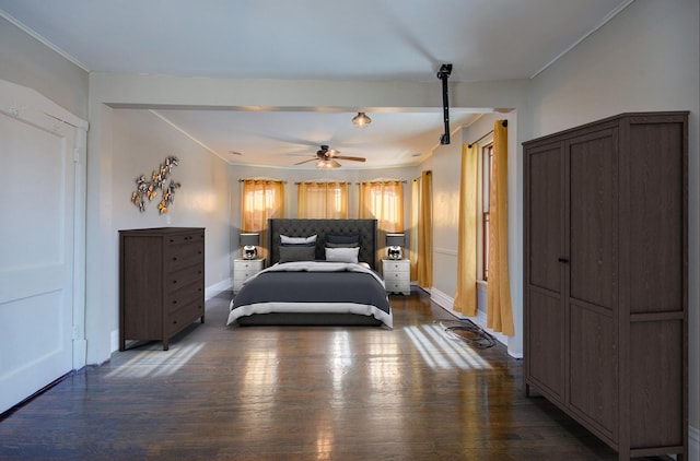 bedroom featuring ceiling fan and dark hardwood / wood-style flooring