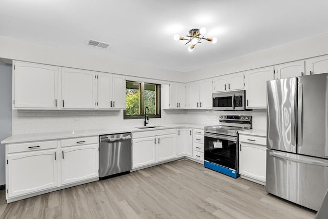 kitchen featuring white cabinetry, sink, light hardwood / wood-style floors, and appliances with stainless steel finishes