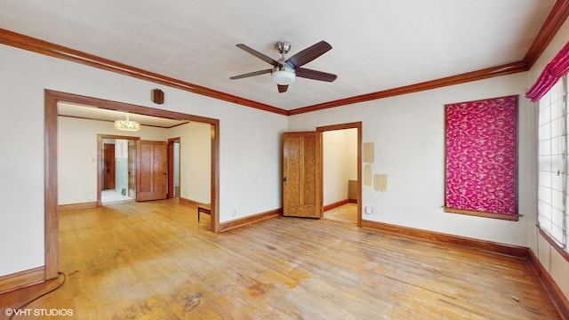 unfurnished room featuring ceiling fan, light hardwood / wood-style flooring, a healthy amount of sunlight, and ornamental molding