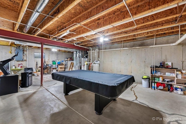 rec room with water heater, concrete floors, and billiards