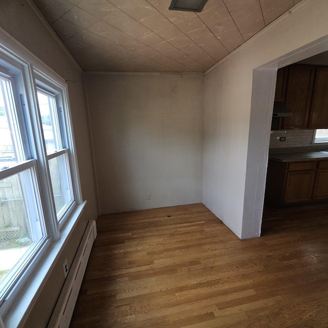 spare room featuring hardwood / wood-style floors, baseboard heating, and crown molding