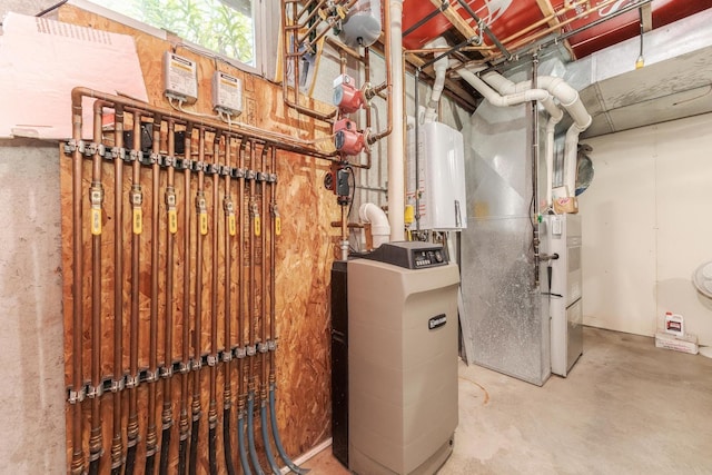 utility room with heating unit and water heater