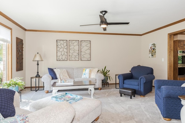 living room featuring light carpet, ceiling fan, and crown molding