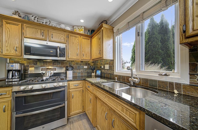 kitchen with dark stone counters, sink, stainless steel appliances, and light hardwood / wood-style floors