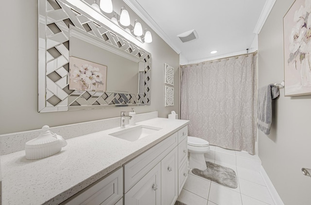 bathroom with a shower with curtain, tile patterned flooring, toilet, vanity, and ornamental molding