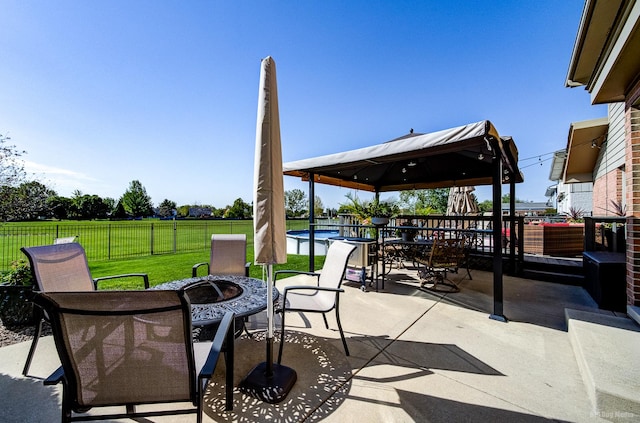 view of patio / terrace with a fenced in pool and an outdoor fire pit