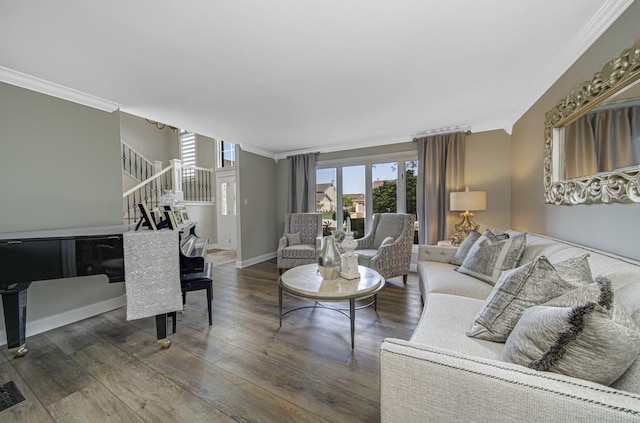 living room with ornamental molding and dark wood-type flooring