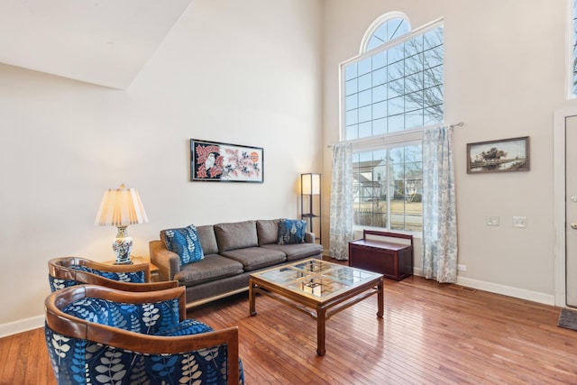 living room with hardwood / wood-style flooring and a towering ceiling