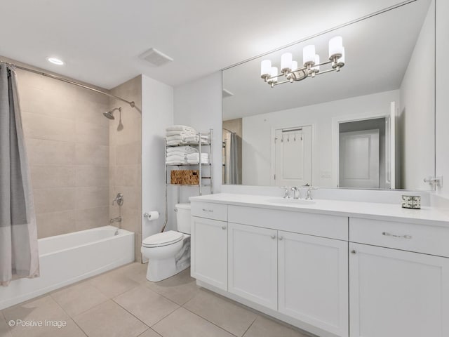 full bathroom with vanity, shower / tub combo, tile patterned floors, and toilet