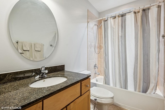 full bathroom with toilet, shower / bathtub combination with curtain, and vanity