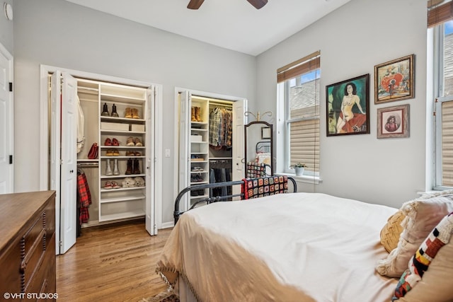 bedroom with ceiling fan and light hardwood / wood-style floors