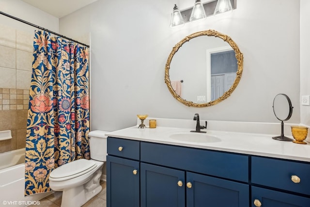 full bathroom featuring tile patterned floors, vanity, toilet, and shower / bath combination with curtain