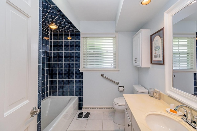 full bathroom with tiled shower / bath combo, a baseboard heating unit, tile patterned floors, toilet, and vanity