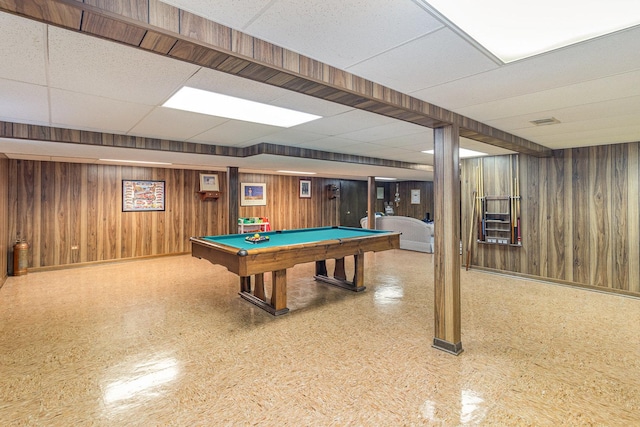 playroom featuring wood walls, a drop ceiling, and pool table