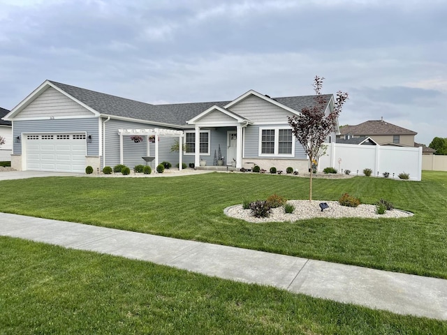 single story home with a front yard and a garage