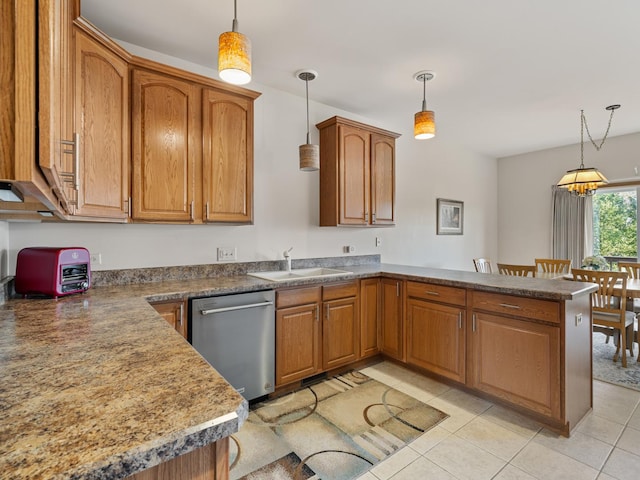 kitchen featuring stainless steel dishwasher, pendant lighting, kitchen peninsula, and sink