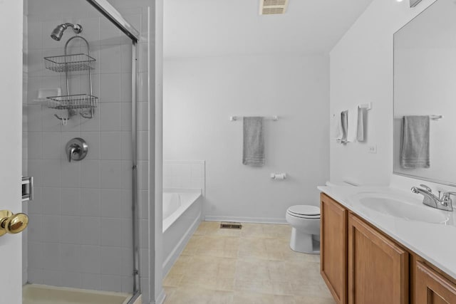 full bathroom featuring toilet, vanity, tile patterned floors, and plus walk in shower