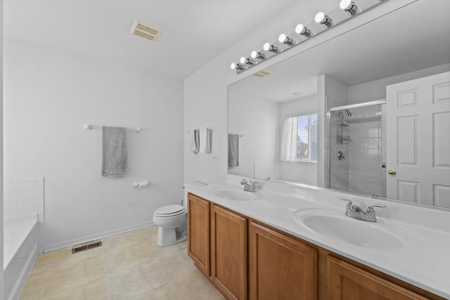 full bathroom with toilet, vanity, and plus walk in shower