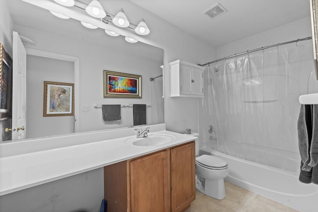 full bathroom with toilet, tile patterned floors, vanity, and shower / tub combo with curtain