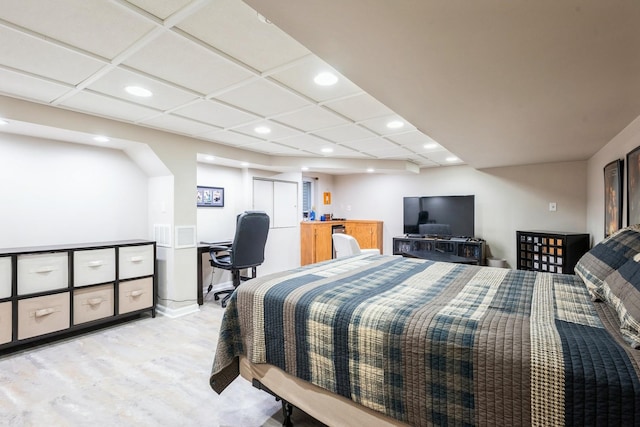 bedroom featuring baseboards, coffered ceiling, and recessed lighting