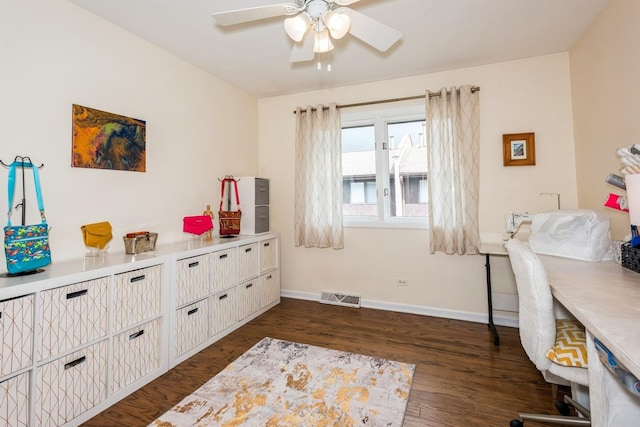 office space featuring baseboards, visible vents, ceiling fan, and dark wood-style flooring