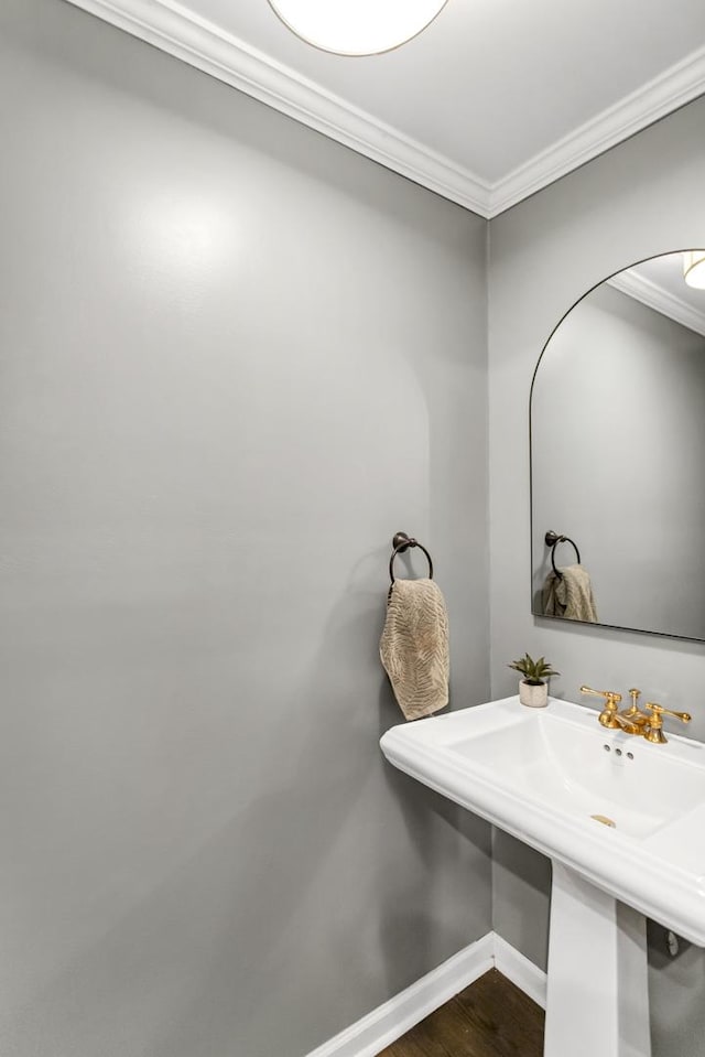 bathroom featuring hardwood / wood-style flooring, ornamental molding, and sink