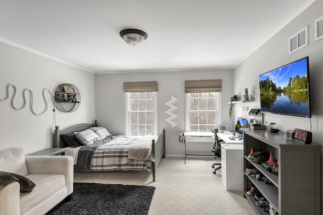 bedroom with light colored carpet and crown molding