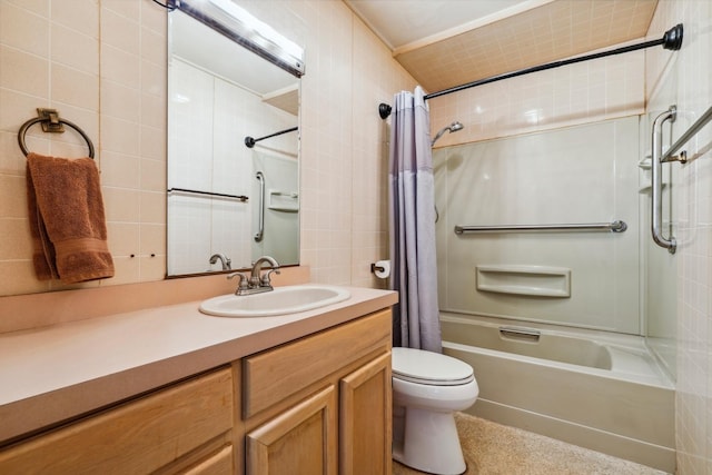 full bathroom with toilet, vanity, tile walls, and shower / bath combination with curtain