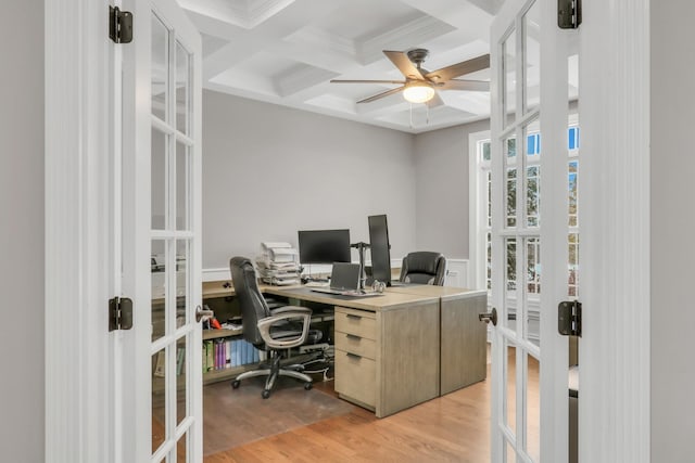 office space with ceiling fan, french doors, coffered ceiling, beamed ceiling, and light hardwood / wood-style floors