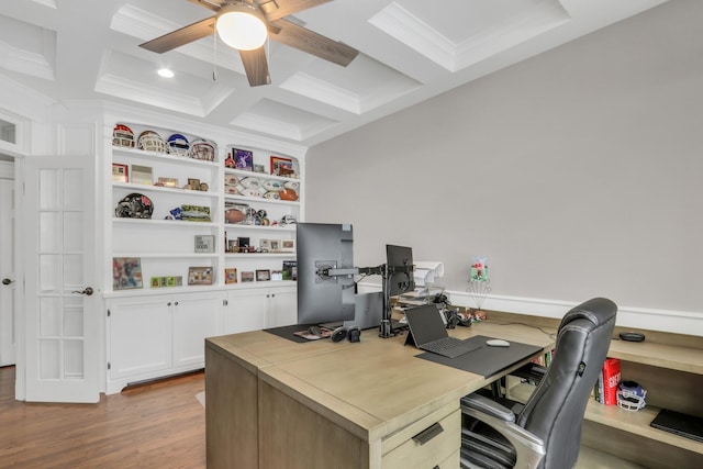 office area with ornamental molding, coffered ceiling, ceiling fan, beam ceiling, and light hardwood / wood-style flooring