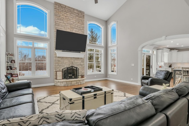 living room featuring hardwood / wood-style floors, high vaulted ceiling, and a stone fireplace