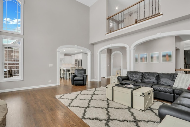 living room with a high ceiling and dark wood-type flooring