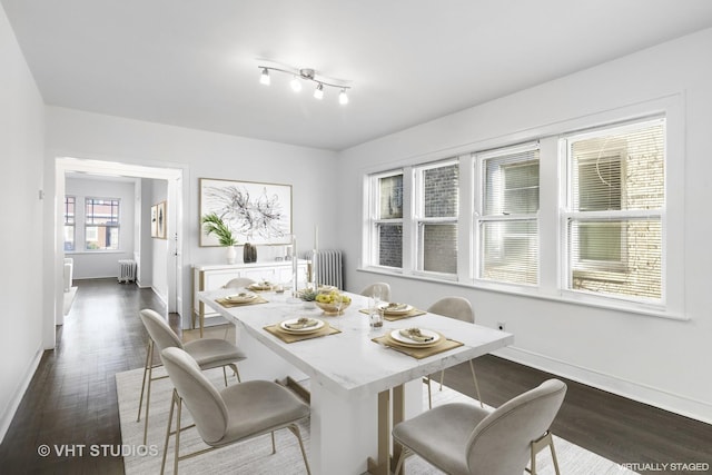 dining space featuring radiator heating unit and dark hardwood / wood-style floors