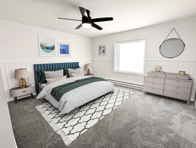 bedroom featuring ceiling fan, carpet flooring, and baseboard heating