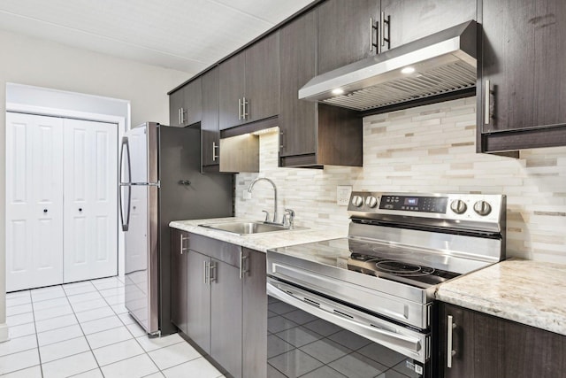 kitchen with backsplash, sink, light tile patterned floors, appliances with stainless steel finishes, and dark brown cabinets