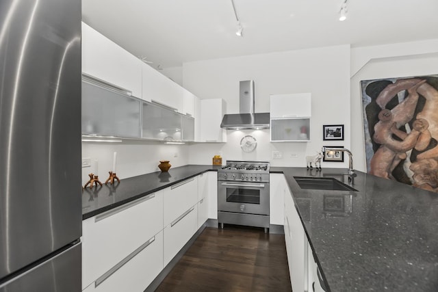 kitchen featuring sink, white cabinetry, wall chimney exhaust hood, rail lighting, and appliances with stainless steel finishes