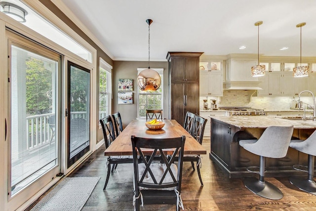 dining room featuring ornamental molding, dark hardwood / wood-style floors, and sink