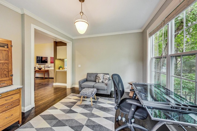 office area with ornamental molding and dark wood-type flooring