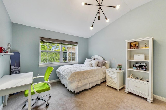 bedroom featuring light colored carpet, an inviting chandelier, and vaulted ceiling