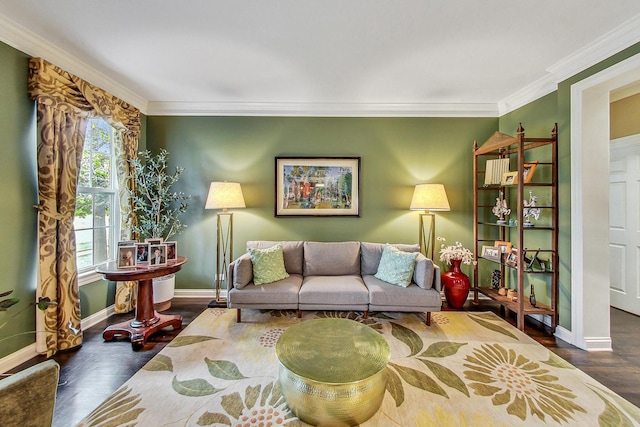 living room with dark wood-type flooring and crown molding