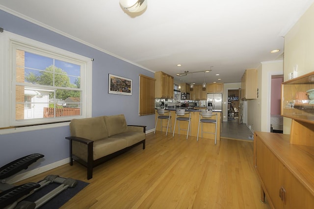 living room with light hardwood / wood-style floors and ornamental molding