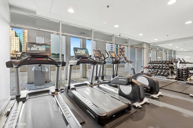 gym with floor to ceiling windows